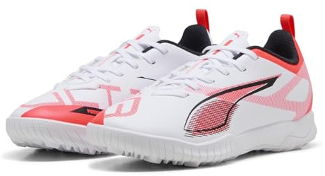 Puma Ultra 5 Play TT JR, Unisex Fussballschuh, Puma White-Puma Black-Glowing RED,