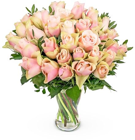 La Belle - Next Day Prime Delivery - Roses with tones of Pink and White bouquet surrounded by pistacia- A Stunning Gift for Any Occasion - Brighten someone's day with flowers - Medium