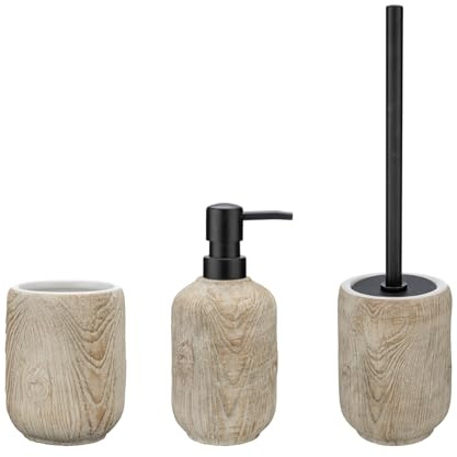 WENKO Bad-Accessoire Set Mod. Florio, 3-teilig, Bad Rundum-Set aus 400 ml Seifenspender, Zahnputzbecher und WC-Garnitur, Keramik/Edelstahl, Beige/Schwarz