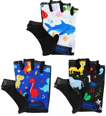 Boao 3 Pairs Kids Bike Gloves for Boys and Girls Half Finger Workout Gloves Forest Animals Pattern for Biking Cycling (6-10 Years)