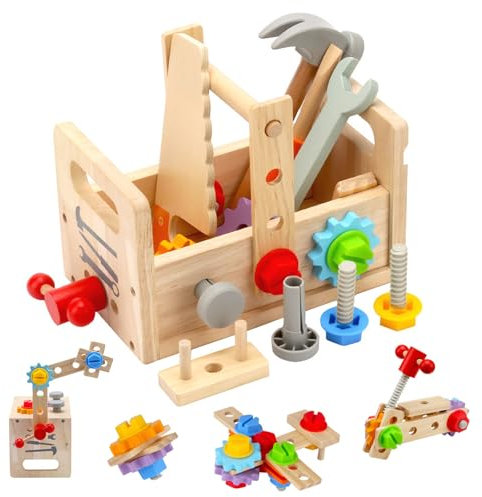Kids Tool Set - 30Pcs Montessori Wooden Tool Bench for Boys & Girls, Educational Construction Toys for 3 4 5 6 Year Olds, Toddler Pretend Play Workbench, DIY Tool Kit for Kids Birthday Gifts