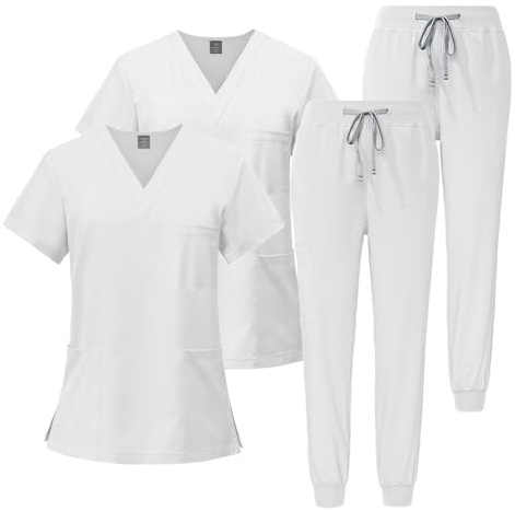 Meichoon Femmes Gommages Ensemble 2PCS Uniformes d’infirmière Doux Hauts résistants aux plis Pantalon de jogging extensible Médical Dentaire DK05Blanc XL