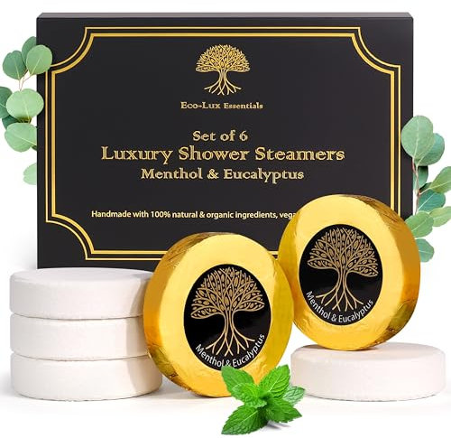 Vaporiere da doccia di lusso per uomini e donne, confezione da 6 bombe da doccia aromaterapia al mentolo ed eucalipto, naturali, vegane, per alleviare lo stress e la congestione, set regalo spa per