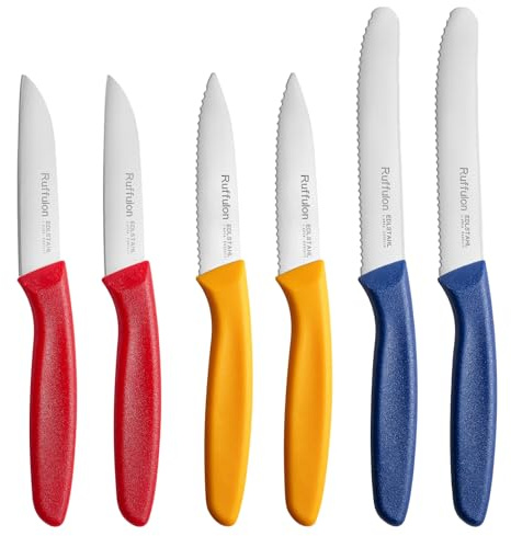 Ruffulon Paring Knife,Peeling Knife Set of 6, Vegetable Knife Small,Premium Fruit Knives,Small Kitchen Knife Set,Straight Edge&Serrated Knifes,Blue&Orange&Red Paring Knives