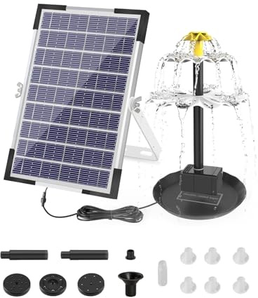 Solar Water Fountain Pump, 6W Solar Panel Kit with 1500mAh Battery Backup, 160L/H Outdoor Water Feature Pump with 10 Nozzles, Solar-Powered Fountain for Garden, Pond, Pool, Bird Bath, Fish Tank