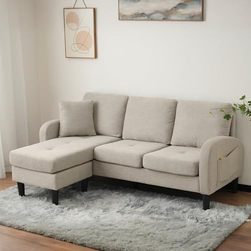 FammyLoft Corner Sofa, L-shaped Sofa with Chaise Lounge, 3-Seater Sofa for Living Rooms, Apartments, and Offices, Corner Couch with Breathable Cotton-Linen Fabric and Plastic Legs, Beige