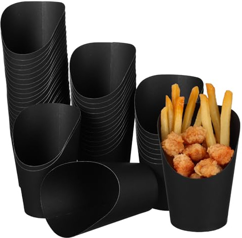 WHAMVOX 100 Pezzi Porta Patatine Fritte in Carta Nera da 14oz Apertura Inclinata, Coppe Usa e Getta per Snack e Salumi, per Feste, Barbecue e Eventi All’Aperto