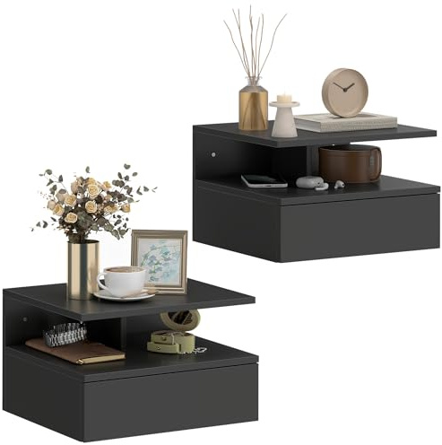 HOMCOM Set med 2 väggsängbord, hängande nattduksbord med skjutlåda, öppet fack, bricka, modern stil, för sovrum, 35 x 32 x 22,5 cm, svart