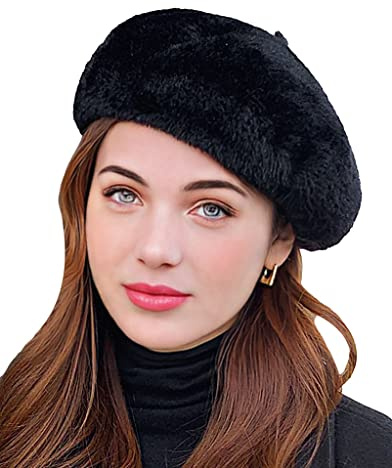 NLAND Béret Femme Vintage Fourrure Bonnets Élégant Souple Classique Chapeau de Peintre (Noir, Taille Unique)