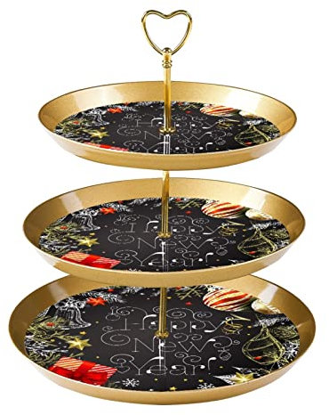 JAVENPROEQT Soporte para cupcakes de 3 niveles, con texto en inglés Happy New Year en pizarra, soporte para postres escalonados, torre de exhibición de pasteles, platos redondos para fiesta de té,