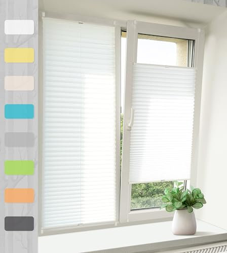 Vkele Plissee ohne Bohren Klemmfix – Faltrollo Jalousie Weiß 70x200cm(BxH), Lichtdurchlässig & Blickdicht, Sonnenschutz & Sichtschutz, Easyfix Rollo für Fenster & Tür