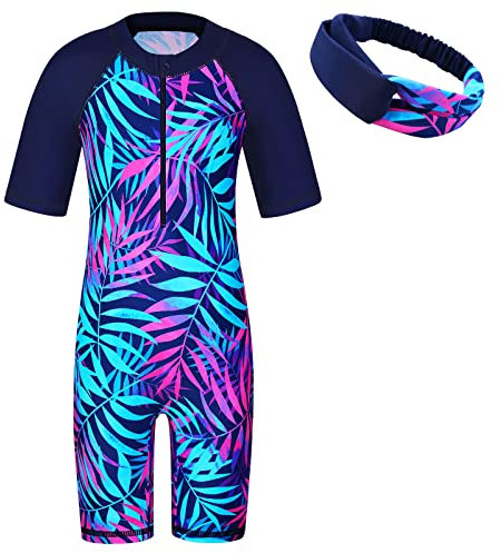 ZNYUNE Enfant Combinaison de Natation Manches Courtes/Manches Longues Rashguards de Wakeboard Fille Maillot de Bain 1 Pièce UPF50+ Anti-UV - Protection Solaire S419 NavyLeaves 14A