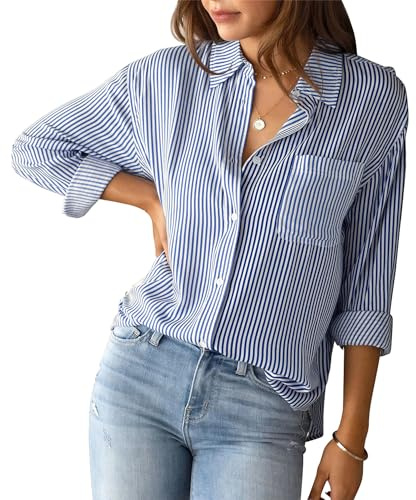 SEAUR Women Button Down Shirts Striped Classic Top for Office Casual L Blue