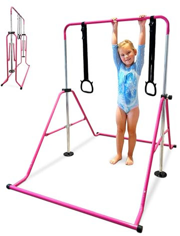 Eliteway Kids Gymnastics Bar Set - Adjustable Height Folding Horizontal Bar with Gymnastic Rings for Boys Girls | Junior Gymnastics Equipment Monkey Bars for Home Gym Training Indoor Outdoor