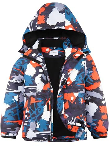 KFRRZC Boys Winter Waterproof Ski Jacket Kids Fleece Lined Warm Snow Coat with Detachable Hood(Black Red,5-6)