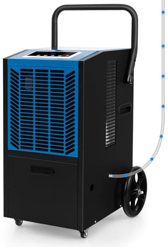 COSTWAY 66L/Day Commercial Dehumidifier, Industrial Air Dehumidifiers Building Dryer with Pump, 24H Timer, Auto Defrost, Memory Starting, LED Display & Wheels, Air Circulation 210m3/h (Blue + Black)