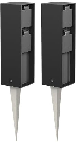 ledscom.de 2 Stück Garten-Steckdosen-Säule POKU mit Erdspieß für außen, IP44, 2-Fach, schwarz, eckig, 23cm