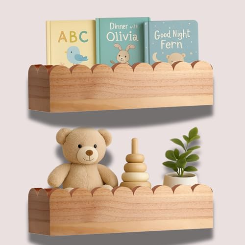 Green Goods Supply Set of 2 Pre-Assembled Floating Nursery Book Shelves, Scalloped Book Shelf - Kids Wall Bookshelf, Nursery Decor, Floating Shelves for Wall, Nursery Shelves
