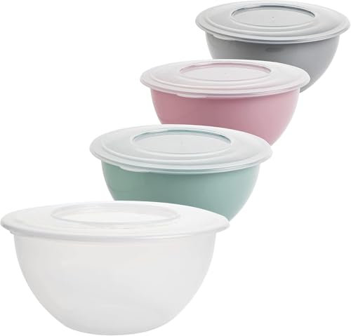 Lot de 4 saladiers en plastique (PP) avec couvercle de 5 l - Sans BPA - Couleur : gris clair, rose pastel, vert et transparent - Diamètre : 28 cm