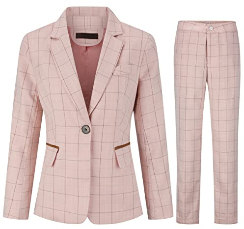 YUNCLOS Completi da donna a quadri 2 pezzi con pantaloni, maniche lunghe, eleganti e formali da ufficio, blazer con un bottone e pantalone, rosa, M