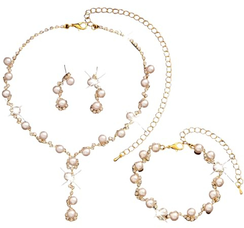 XFSRG Smyckeset dam pärlor halsband armband örhängen eleganta glamorösa brudset bröllop smycken set, Taglia unica, Koppar, Koppar