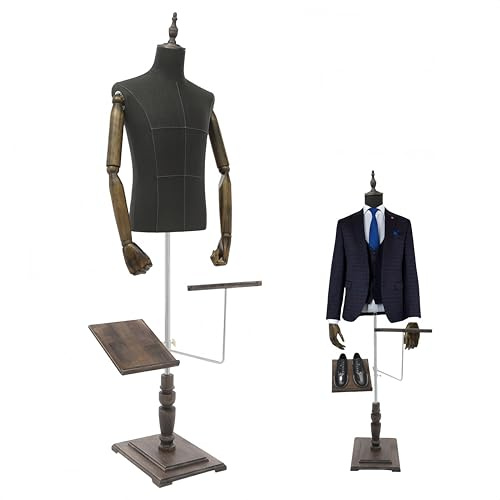 Garbenat mäns skräddardocka 135–180 cm, justerbar höjd, manlig klädform, retro, skyltfönsterdockkropp med massivt trä, skohållare, träbas, Torso-kläddocka (mörkgrå, 180 cm)