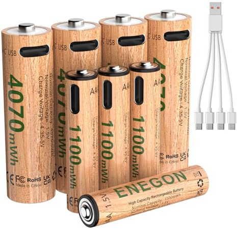 AKTTKA Pilas Recargables AA y AAA de Litio 1,5 V, 4× AA 4070 mWh + 4× AAA 1100 mWh, Carga Directa USB-C con Cable 1-a-4, para Mando, Báscula, Termómetro, Controlador