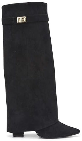 sole london LADIES Women's KNEE HIGH Fold Over Buckle Fashion Zip Pointed Block Heel Boots – Stylish Ruched Design – Comfortable Mid-Block Heel (4 INCH)– Faux Leather & Faux Suede_BLACK SUEDE 3