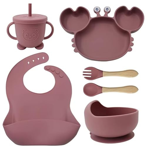 Eliano Set di 6 pezzi in silicone per bambini con piatto per granchio – stoviglie antiscivolo con ventosa, tazza con cannuccia, cucchiaio, forchetta e bavaglini – senza BPA, lavabile in lavastoviglie