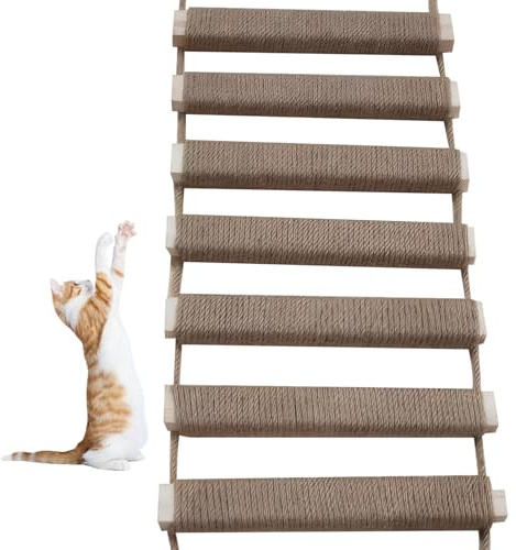 Kattstege 25 x 80 cm hängande kattbro i trä insvept med linnerep repbeständig stege för inomhus katttillbehör
