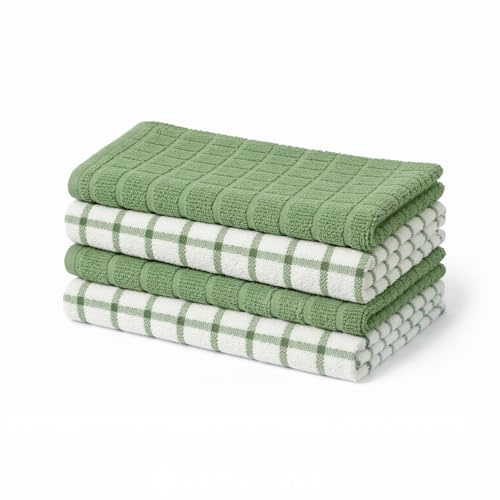 Sedalinne Juego 4 Paños de Cocina Premium Cuadros/Lisos - Tamaño 50x50 cm - 100% Algodón - Muy Absorbentes - Trapos Cocina. Color Verde