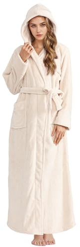 Hellomamma Peignoir long à capuche pour femme en flanelle polaire de luxe pour l'hiver chaud, Beige, M