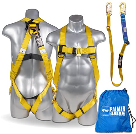 Palmer Safety Safety Harness w/Detachable 6 ft Lanyard I Single Leg Lanyard w/Internal Shock Absorbing & Snap Hook I OSHA/ANSI Fall Arrest Kit