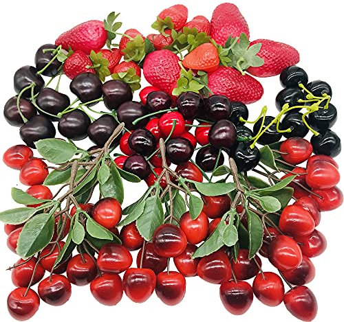 NA Woohome 50 Stück Künstliche Fruch Künstliche Erdbeere Künstliche Kirsche Deko Obst Lebensecht für Party Festival Dekoration, Fotografie Requisiten