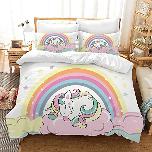 Hoimlm Juego de Ropa de Cama Infantil con Funda nórdica y 2 Fundas de Almohada, diseño de Unicornio de Dibujos Animados, Microfibra Suave, con Cremallera (Style B, 135 x 200 cm)