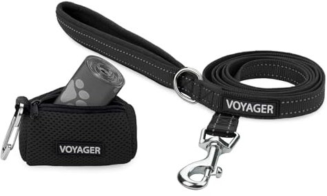 Voyager Reflektierende Hundeleine mit Neoprengriff und wiederverwendbarem Mesh Dispenser-Kotbeutel-Halter by Best Pet Supplies, Schwarz, size S
