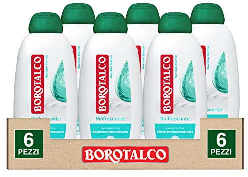 Borotalco Bain douche rafraîchissant effet talc sur la peau dermatologiquement testé parfum mousse blanche – 6 flacons de 600 ml
