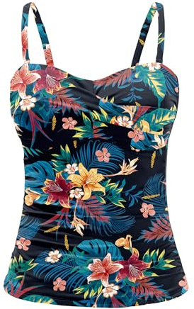Holipick Tankini Top for Women Twist Front Bandeau Swimsuit Tummy Control Bathing Suit Tops Only No Bottom Black Floral