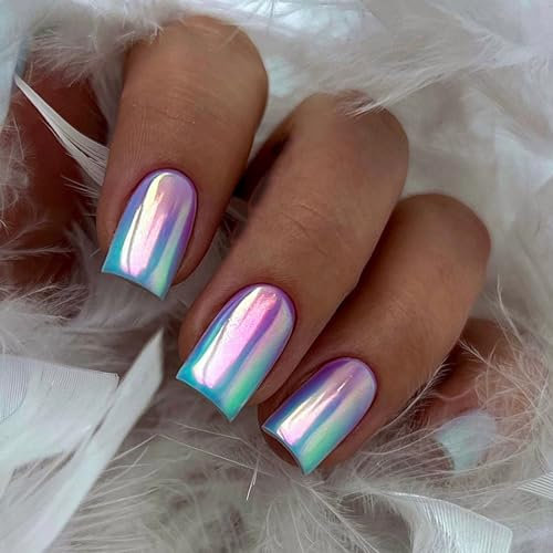 24 Stück Künstliche Nägel Kurz Eckig, Blau Lila Farbverlauf French Press on Nails Acryl Nägel Zum Aufkleben, Ballerina Fingernägel Kunstnägel Fake Nails für Frauen Mädchen Nail Art Maniküre