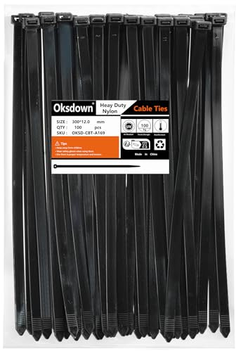 Oksdown 100 Pack Black Extra Thick Cable Ties Heavy Duty Large 300mm×12.0mm Strong Nylon Plastic Self Locking 12 inch/30 cm Zip Tie Wraps