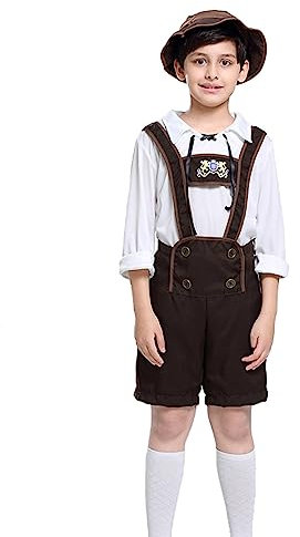 Lederhose Jungen Tracht, Trachtenhose Jungen Kurz,Trachtenlederhose Jungen mit Karierte Trachtenhemd Hosenträger Trachtenhut Trachtenset Trachtenlederhosen für Oktoberfest Bayerische Trachten Outfit