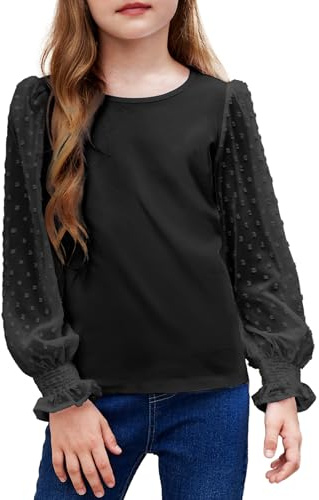 Arshiner Camisa de Manga Larga para niña con puños Fruncidos y Lunares suizos, Linda Camiseta con Cuello Redondo, Blusa para niñas de 5 a 12 años
