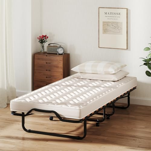 COSTWAY Letto Brandina Pieghevole, con Materasso in Memory Foam 4 Ruote Girevoli, Trapuntatura a Onda con Imbottitura a Doppia Fibra, 200x80x40cm, Made in Italy (Stile 2 Beige)