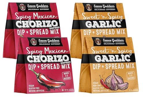 Sauce Goddess - Spicy Chorizo & Sweet n’ Spicy Garlic Dip + Spread Mix, 4-Pack, Medium Heat, Plant-Based, No Junk, Certified Gluten-free, 0.75 oz Each