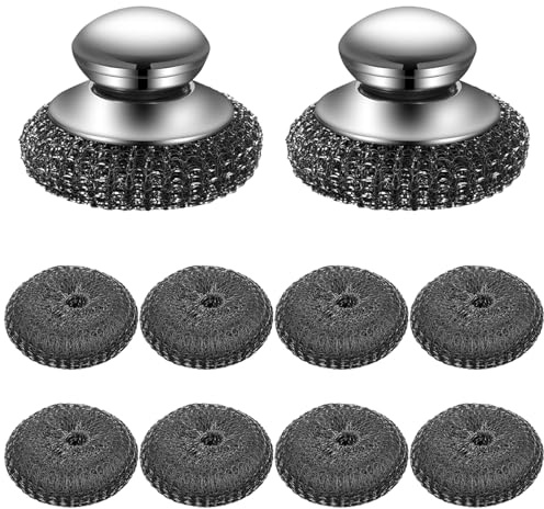 Qixuer Steel Wool Cleaning Set (10 Pcs), 2Pack Stainless Steel Scrubber with 8 Replacement Wire Pads Steel Wool Scrubber with Stainless Steel Handle for Cleaning Dishes, Pans, Griddles