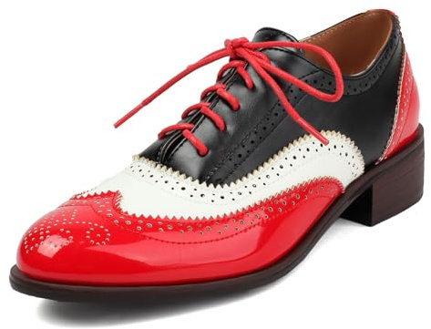 Galindopia Unisexe Oxford Chaussures Femmes Two Tone Perforated Wingtip Brogue Rétro Low Heel Dentellets Saddle Chaussures Spectator Crown Patent Red Plus Size 40