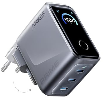 Anker Prime 160W USB C Ladegerät, kompakter GaN USB-C Ladeblock mit 3 Ports, Smart Display, Touch-Steuerung, Ultra-schnelles 140W Laden bei 1 Port, für Laptop, MacBook, iPad, iPhone 17/16/15 und mehr
