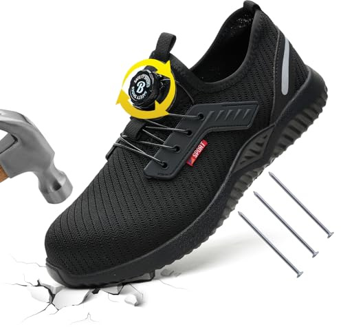 Safety Trainers Men Steel Toe Cap Trainers Women Safety Shoes Work Boots Mens Steel Toe Breathable and Comfortable Work Shoes Fashion Lightweight Boots Black