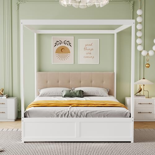 Crlnaup Himmelssäng 140 x 200 cm med stora lådor och mjukt ryggstöd, träsäng vit