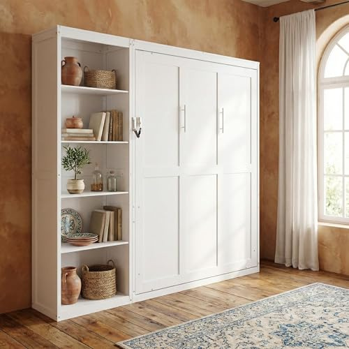 Harper & Bright Designs Queen Size Murphy Bed, Wooden Wall Bed with Shelves, White